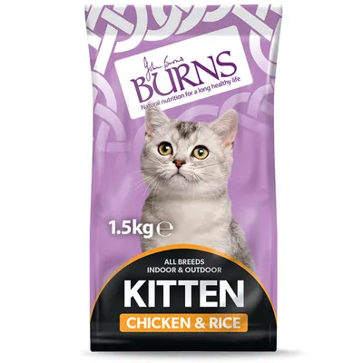 1.5kg bag labelled for all breeds, indoor and outdoor, kitten chicken and rice food. Visible text: Burns, natural nutrition for a long healthy life.