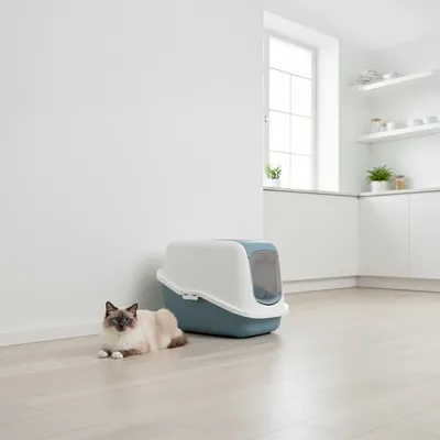 Kattenkap met zwaaideur in lichtblauw en wit, daarnaast een langharige kat op een lichte houten vloer in een moderne keuken.