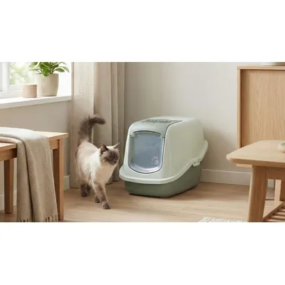 Kattlåda med svängdörr och tassavtryck, placerad i ett vardagsrum bredvid en katt. Kattlåda med svängdörr och tassavtryck, placerad i ett vardagsrum bredvid en katt.