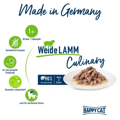 Made in Germany. Weide LAMM Culinary, Happy Cat. 90 % tierisches Protein. Getreidefreie Rezeptur, ab 1 an, für geregelte Verdauung, besonders schmackhaft, aussi pour chats stérilisés.