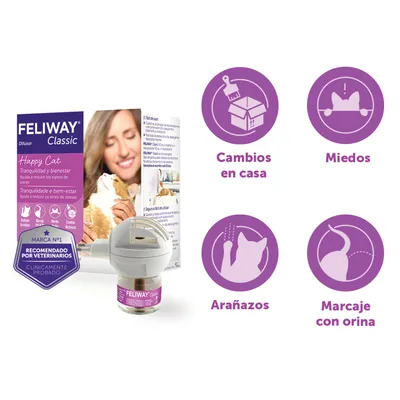 FELIWAY Classic Difusor, caja y recambio. Texto visible: 'Recomendado por veterinarios', 'Clínicamente probado'. Iconos: Cambios en casa, Miedos, Arañazos, Marcaje con orina.