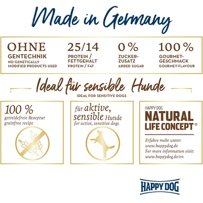 Made in Germany. Ohne Gentechnik, 25/14 Protein/Fettgehalt, 0% Zuckerzusatz, 100% Gourmet-Geschmack. Ideal für sensible Hunde: 100% getreidefrei, für aktive, sensible Hunde. Happy Dog Natural Life Concept.