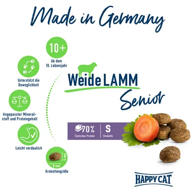 Happy Cat Weide Lamm Senior, ab dem 10. Lebensjahr, unterstützt Beweglichkeit, angepasster Mineralstoff- und Proteingehalt, leicht verdaulich, Kroketten mit 70% tierischem Protein, Grösse 8mm.