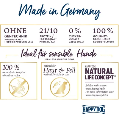 Made in Germany. Ohne Gentechnik, 21/10 Protein/Fettgehalt, 0% Zuckerzusatz, 100% Gourmet-Geschmack. Ideal für sensible Hunde. 100% weizenfreie Rezeptur, optimal für Haut & Fell. Happy Dog Natural Life Concept.