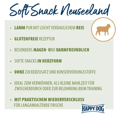 Soft Snack Neuseeland, Happy Dog. Lamm pur mit leicht verdaulichem Reis, glutenfreie Rezeptur, magen- und darmfreundlich, ohne Zuckerzusatz, wiederverschluss. Texte en allemand.
