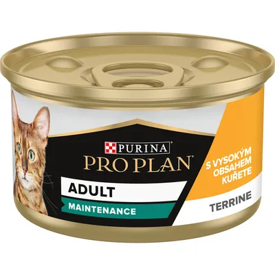 Konzerva Purina Pro Plan Adult Maintenance Terrine, s vysokým obsahem kuřete. Na obalu je vyobrazená kočka.