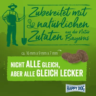 Zubereitet mit natürlichen Zutaten aus der Natur Bayerns. Ca. 16 mm x 9 mm x 7 mm. Nicht alle gleich, aber alle gleich lecker. Happy Dog.