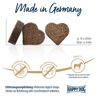 Happy Dog friandises en forme de cœur, dimensions 16 x 18 mm, épaisseur 6 mm. Made in Germany. Sans céréales, sans sucre ajouté, cheval comme source de protéines animales.