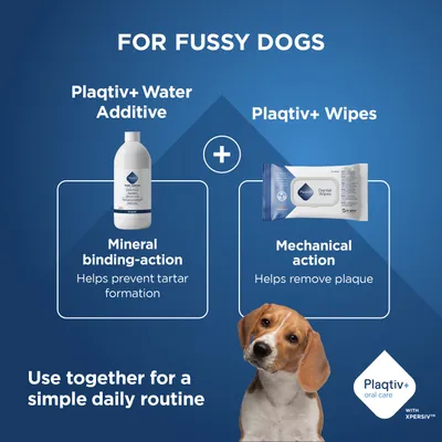 Plaqtiv+ Water Additive with mineral binding against tartar and Plaqtiv+ Wipes with mechanical action against dental plaque. Together for an easy daily routine. Plaqtiv+ Water Additive with mineral binding against tartar and Plaqtiv+ Wipes with mechanical action against dental plaque. Together for an easy daily routine.