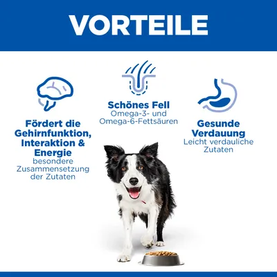 Vorteile: Fördert Gehirnfunktion, Interaktion & Energie durch besondere Zutaten. Schönes Fell mit Omega-3 und Omega-6-Fettsäuren. Gesunde Verdauung dank leicht verdaulicher Zutaten.