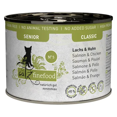 Catz finefood Classic Senior Nr. 5, lax och kyckling, naturligt bra, utan spannmål, inga djurförsök, utan tillsatt socker, över 91 % köttandel, högkvalitativa ingredienser.