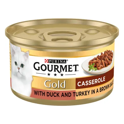 Gourmet Gold Casserole with duck and turkey in a brown sauce, shown on a can with an image of shredded meat on a plate.