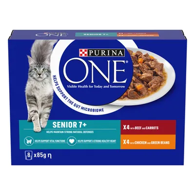Purina ONE Senior 7+ food, supports gut microbiome, strong natural defences, vital functions and healthy heart. Contains 4x beef with carrots, 4x chicken with green beans, 8x85g.