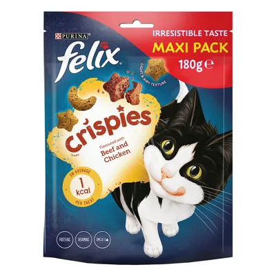 Crispies treats, beef and chicken flavour, maxi pack 180g. On average 1 kcal per treat. Contains proteins, vitamins, omega 6. Light airy texture. Irresistible taste.