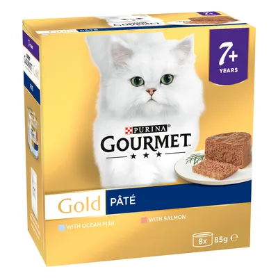 Purina Gourmet Gold Pâté for 7+ years, with ocean fish and salmon, pack of 8 x 85g portions shown on packaging.