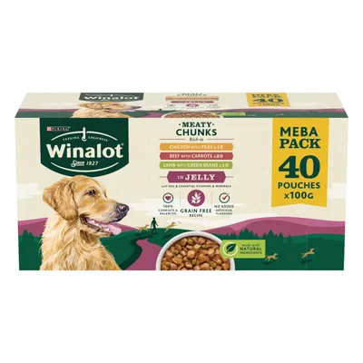 Winalot Meaty Chunks in jelly, 40 pouches of 100g. Includes chicken with peas, beef with carrots, lamb with green beans. Grain free, no added artificial flavours, made with natural ingredients.