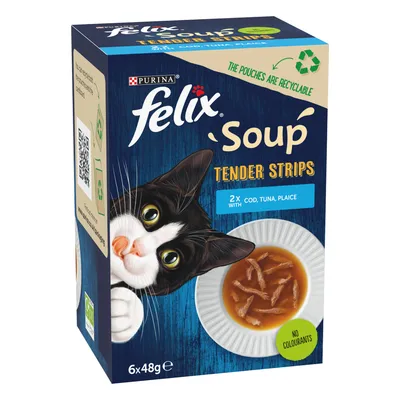 Felix Soup Tender Strips, 6 x 48g packs with cod, tuna and plaice. No colourants. The pouches are recyclable.