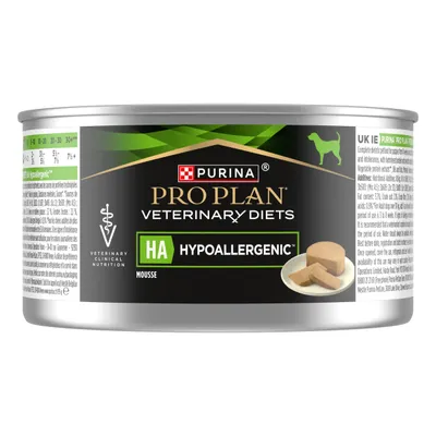 Purina Pro Plan Veterinary Diets HA Hypoallergenic mousse tin with hypoallergenic label and image of mousse portion on the front.