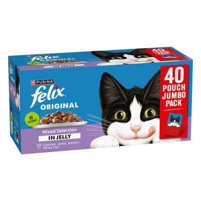 Felix Original mixed selection in jelly, 40 pouch jumbo pack. No colourants. Includes chicken, lamb, salmon and white fish. 10 pouches of each flavour.