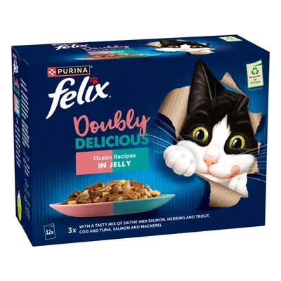 Felix Doubly Delicious Ocean Recipes in Jelly, 12 pack with a mix of saithe and salmon, herring and trout, cod and tuna, salmon and mackerel. Recyclable packaging indicated.