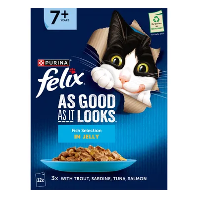 Felix As Good As It Looks Fish Selection in Jelly, 12 pouches for pets aged 7+ years, with trout, sardine, tuna and salmon. Pouches are recyclable.