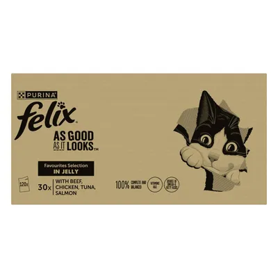 Felix As Good As It Looks Favourites Selection in Jelly, 30 packs with beef, chicken, tuna, salmon. 100% complete and balanced, contains vitamins and omega 6 fatty acids.