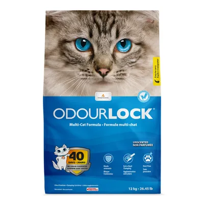 Saco de arena para gatos Intersand OdourLock Multi-Cat Formula, 12 kg. Texto visible: 40 days no odour guarantee, unscented, bloquea amoníaco, aglomeración extra dura, sin polvo.