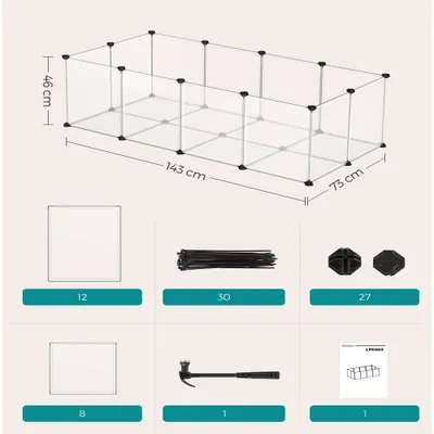 Gitterindhegning med mål 143 x 73 x 46 cm. Indeholder: 12 store plader, 8 små plader, 30 kabelbindere, 27 forbindelsesstykker, 1 hammer, 1 vejledning. Gitterindhegning med mål 143 x 73 x 46 cm. Indeholder: 12 store plader, 8 små plader, 30 kabelbindere, 27 forbindelsesstykker, 1 hammer, 1 vejledning.