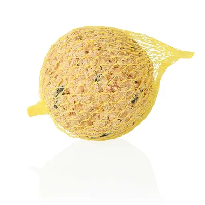 Fat ball in yellow net, visible with grains and seeds.