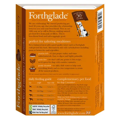 Forthglade just turkey complementary pet food for dogs, grain free, protein rich, gently steamed. Daily feeding guide by weight: 0-10kg, 10-25kg, 25-40kg, 40+kg. Sleeve widely recycled.
