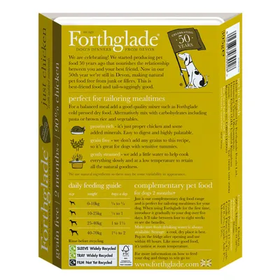 Forthglade just chicken grain free complementary pet food for dogs over 2 months. Includes feeding guide by weight, product features, and recycling information.