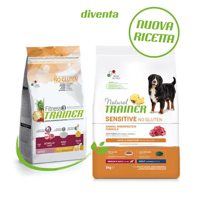 Dve vreči pasje hrane Natural Trainer in Fitness3 Trainer, vidna besedila: NO GLUTEN, SENSITIVE, NUOVA RICETTA, con agnello, riso, olio, medium & maxi, adult, 3 kg, made in Italy.