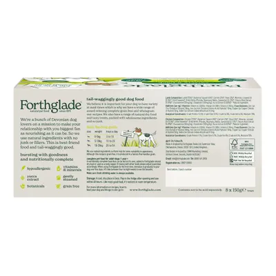 Forthglade natural pet food box showing feeding guide by dog weight, key features including hypoallergenic, vitamins, minerals, yucca extract, botanicals, gently steamed, and grain free.