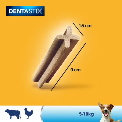 DENTASTIX baton, dimensiuni vizibile: lungime 9 cm, lățime 1,5 cm. Pictograme vacă și găină. Etichetă albastră: 5–10 kg, imagine câine în colțul dreapta jos.