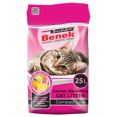 Sac de litière pour chat Super Benek Compact Line, 25L, fraîcheur agrumes, texte en polonais et anglais, image d’un chat tigré sur l’emballage.