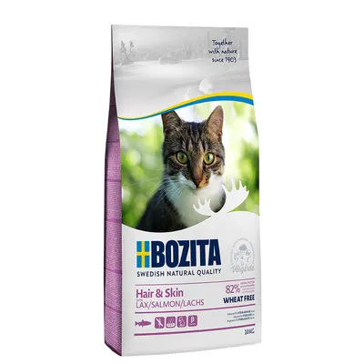 Bozita Hair & Skin cat food with salmon, 82% animal protein, wheat-free. Packaging shows a cat and text 'Together with nature since 1903'. Weight: 10kg.
