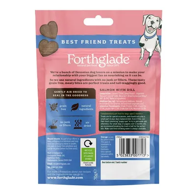 Forthglade Best Friend Treats, salmon with dill flavour. Key features: grain free, natural ingredients, no junk or fillers, air dried. Feeding guide and recycling info shown on packaging.