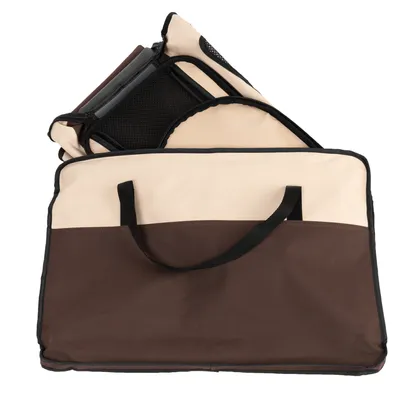 Sac de transport pliable beige et marron avec poignées noires, parties en tissu et filet visibles.