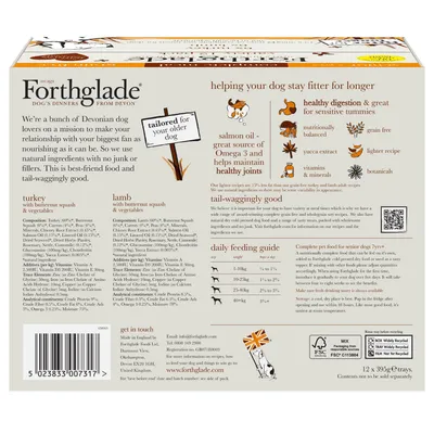 Forthglade senior dog food box showing ingredients, feeding guide by weight, key features like grain free and Omega 3, and contact details. Tailored for older dogs. Contains 12 trays.