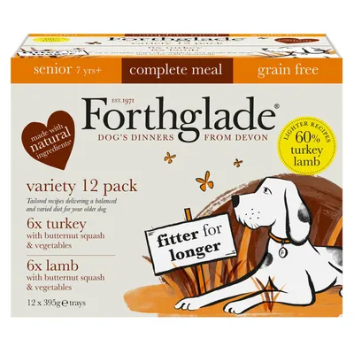 Variety 12 pack with 6 turkey and 6 lamb meals, both with butternut squash and vegetables. Senior 7 years plus, complete meal, grain free, made with natural ingredients, 60% turkey and lamb.
