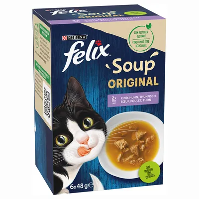 Purina Felix Soup Original, 6x48g. Sortimente: vită, pui, ton. Fără coloranți, ambalaj reciclabil.
