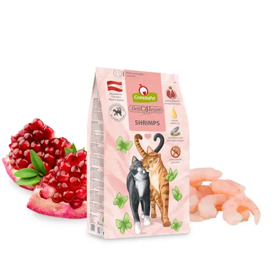 GranataPet DeliCATessen Shrimps, hergestellt in Österreich. Mit Granatapfelkernen, Lachsöl, Grünlippmuschel, ohne Getreide. Verpackung zeigt zwei Katzen und Zutaten wie Granatapfel und Shrimps.