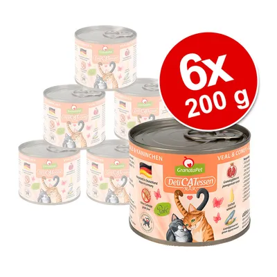 GranataPet DeliCATessen kalv & kanin kattemad, 6 x 200 g dåser. Synlig tekst: Hergestellt in Deutschland, Granatapfelkerne, Lachsöl, Grünlippmuschel, ohne Getreide, glutenfrei.