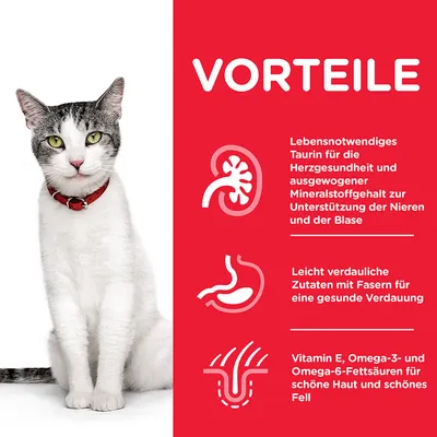 Преимущества: таурин для здоровья сердца, минералы для почек и мочевого пузыря, легкоусвояемые ингредиенты для пищеварения, витамин E, омега-3 и -6 для кожи и шерсти.