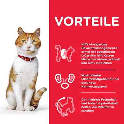 VORTEILE. Hill’s einzigartige Gewichtsmanagement-Formel mit L-Carnitin hilft Katzen schlank und aktiv zu bleiben. Kontrollierter Mineralstoffgehalt. Niedriger Fett- и hoher L-Lysin-Gehalt.