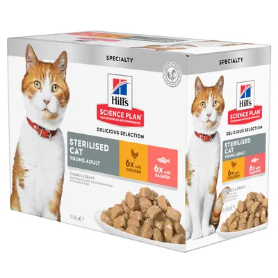Hill's Science Plan Sterilised Cat Young Adult, Delicious Selection, 6x с пиле, 6x със сьомга. Късчета в сос. Опаковка с изображение на котка и купичка с храна.