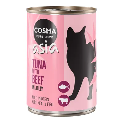 Boîte Cosma Pure Love Asia, TUNA WITH BEEF IN JELLY, multi protein pure meat & fish, silhouettes de chat, thon et bœuf visibles sur l’étiquette rose.