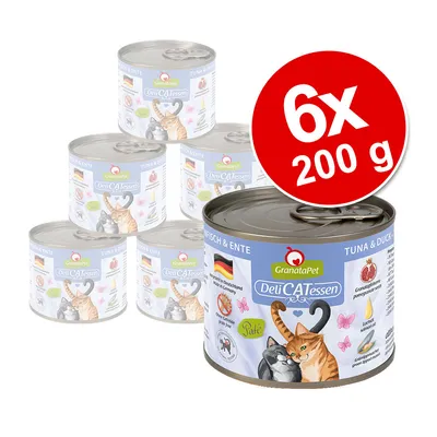 GranataPet DeliCATessen TUNA & DUCK, 6x200 g dåser kattemad. Synligt: tysk flag, tekst 'Hergestellt in Deutschland', illustration af to katte, mærker for paté og kornfri.