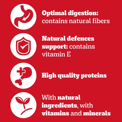 Optimal digestion thanks to natural fibres, support for the immune system with vitamin E, high-quality proteins, natural ingredients with vitamins and minerals. Optimal digestion thanks to natural fibres, support for the immune system with vitamin E, high-quality proteins, natural ingredients with vitamins and minerals.