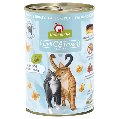 GranataPet DeliCATessen Paté somon și curcan. Produs în Germania, fără cereale, semințe de rodie, ulei de somon, midie cu cochilie verde. Fără teste pe animale.